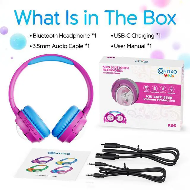 Alt view image 6 of 7 - contixo KB6 Wireless Bluetooth Headphones, 85/94dB Safe Volume,  Bluetooth 5.3, 3.5mm Jack, Foldable,Colorful LED Light,Wireless Headphones With Microphone For School/Travel/Plane, For Ages 3-16 Pink