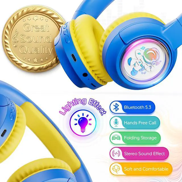 Alt view image 4 of 7 - contixo KB6 Wireless Bluetooth Headphones, 85/94dB Safe Volume, Bluetooth 5.3, 3.5mm Jack, Foldable,Colorful LED Light,Wireless Headphones With Microphone For School/Travel/Plane, For Ages 3-16 Blue