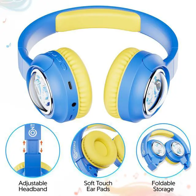 Alt view image 3 of 7 - contixo KB6 Wireless Bluetooth Headphones, 85/94dB Safe Volume, Bluetooth 5.3, 3.5mm Jack, Foldable,Colorful LED Light,Wireless Headphones With Microphone For School/Travel/Plane, For Ages 3-16 Blue