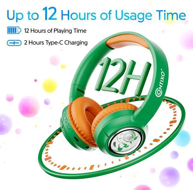 Alt view image 4 of 7 - contixo KB6 Wireless Bluetooth Headphones, 85/94dB Safe Volume,  Bluetooth 5.3, 3.5mm Jack, Foldable,Colorful LED Light,Wireless Headphones With Microphone For School/Travel/Plane, For Ages 3-16 Green