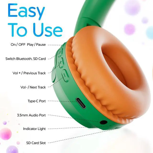 Alt view image 6 of 7 - contixo KB6 Wireless Bluetooth Headphones, 85/94dB Safe Volume,  Bluetooth 5.3, 3.5mm Jack, Foldable,Colorful LED Light,Wireless Headphones With Microphone For School/Travel/Plane, For Ages 3-16 Green