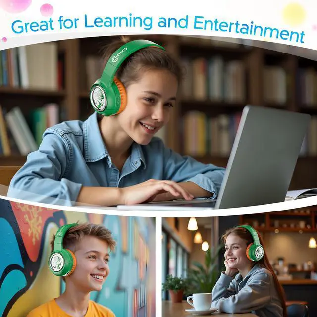 Alt view image 5 of 7 - contixo KB6 Wireless Bluetooth Headphones, 85/94dB Safe Volume,  Bluetooth 5.3, 3.5mm Jack, Foldable,Colorful LED Light,Wireless Headphones With Microphone For School/Travel/Plane, For Ages 3-16 Green