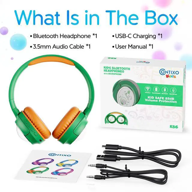 Alt view image 2 of 7 - contixo KB6 Wireless Bluetooth Headphones, 85/94dB Safe Volume,  Bluetooth 5.3, 3.5mm Jack, Foldable,Colorful LED Light,Wireless Headphones With Microphone For School/Travel/Plane, For Ages 3-16 Green