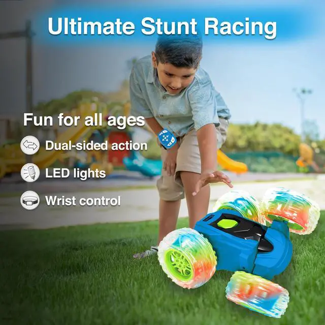 Alt view image 4 of 7 - Contixo SC3 RC Car Stunt Racer, Wheels Flip & Rotate 360°, Fast Remote Control Toy Car for Kids, AWD, 2.4GHz, Rechargeable Battery, Lights Up - Blue