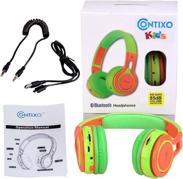 Alt view image 6 of 15 - Contixo KB-2600 Kid Safe 85dB Over The Ear Foldable Wireless Bluetooth Headphone with Volume Limiter, Built-in Micro Phone, Micro SD Card Music Player, FM Stereo Radio, Green + Orange