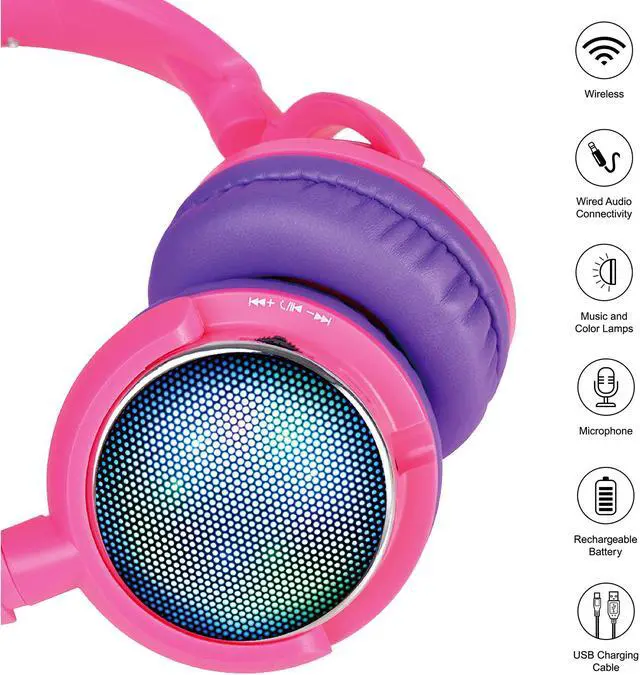 Alt view image 3 of 7 - Contixo KB 300 Kids Bluetooth Wireless Headphones | 85db Volume Limiting, Microphone, MicroSD Card Player, Wired 3.5mm AUX Cable, Music Streaming, Colorful LED Lights (Purple + Pink)