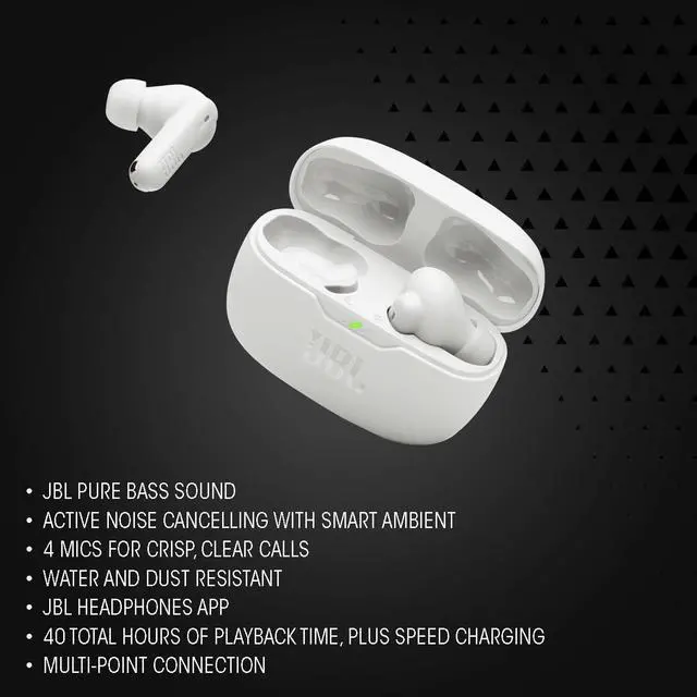 Alt view image 3 of 7 - JBL Vibe Beam 2 - True Wireless Noise Cancelling Earbuds Pure Bass Sound & Smart Ambient Technology, 4mics for Crisp, Clear Calls, up to 40Hrs of Playback, IP54 Dust & Water Resistant (White)