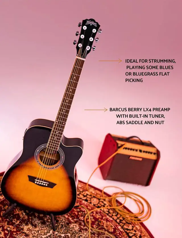 Alt view image 5 of 7 - Vintage Series 6 String Acoustic-Electric Guitar, Right, Tobacco Sunburst (WA90CEVSB)