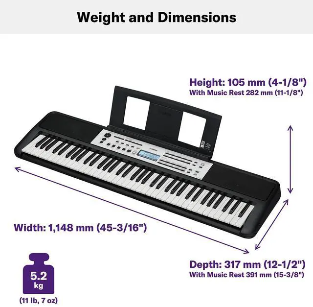 Alt view image 3 of 5 - YPT-W320 76 Touch Sensitive Key Portable Keyboard for Beginners with Music Rest, Power Adapter