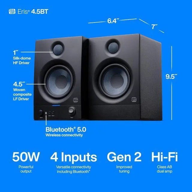 Alt view image 20 of 20 - PreSonus Eris 4.5BT 2nd Gen 4.5-Inch Media Reference Monitors with Bluetooth
