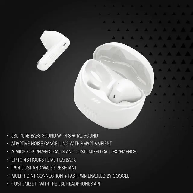 Alt view image 3 of 7 - JBL Tune Flex 2 - True Wireless Noise Cancelling Earbuds Spatial Sound and Smart Ambient Technology, 6 mics for Perfect Calls, up to 48Hrs of Playback, IP54 Dust & Water Resistant (White)
