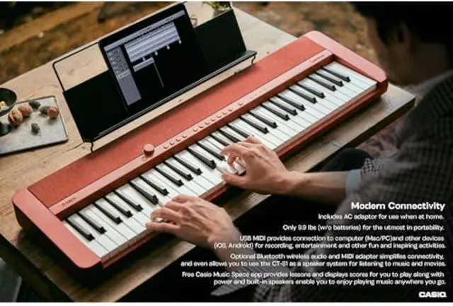 Alt view image 2 of 4 - Casio Casiotone CT-S1 Touch Sensitive 61-Key Portable Keyboard with 61 Tones,USB, Bass-reflex Stereo Speakers with Surround, Aux In, Headphone Out, Power Supply, Red (CT-S1RD)