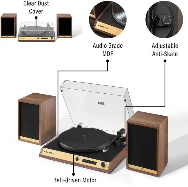 Alt view image 3 of 7 - Crosley C72 2-Speed Belt-Drive Bluetooth Turntable Record Player with 80W Speakers and Carbon Fiber Tonearm, Walnut
