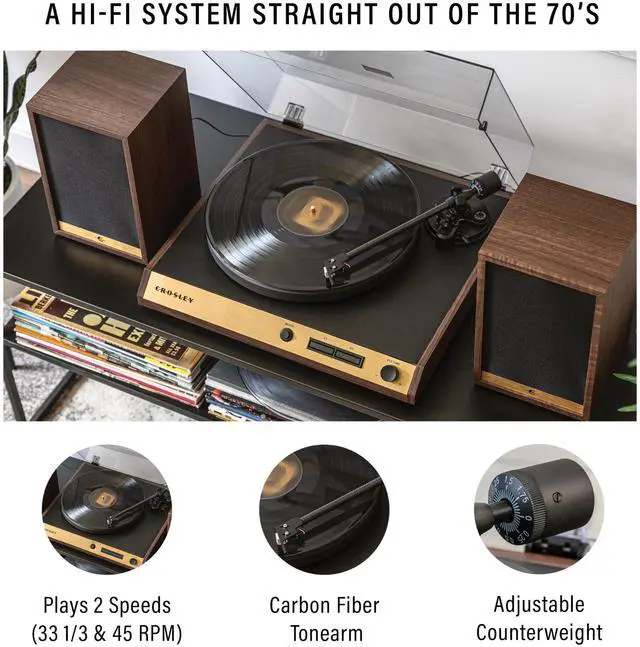 Alt view image 2 of 7 - Crosley C72 2-Speed Belt-Drive Bluetooth Turntable Record Player with 80W Speakers and Carbon Fiber Tonearm, Walnut