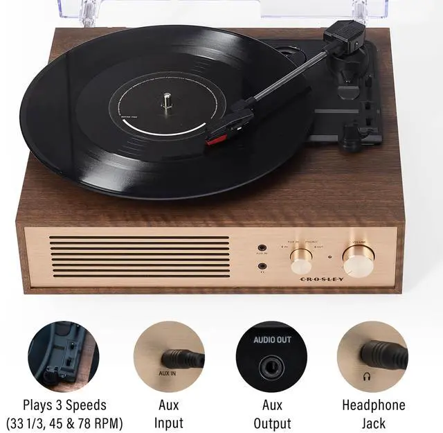 Alt view image 2 of 7 - CR6045A-WA Miles Record Player, Walnut | 3-Speed Turntable, Bluetooth In / Out, Built-in Full-Range Stereo Speakers, Aux Input