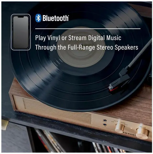 Alt view image 3 of 7 - CR6045A-WA Miles Record Player, Walnut | 3-Speed Turntable, Bluetooth In / Out, Built-in Full-Range Stereo Speakers, Aux Input