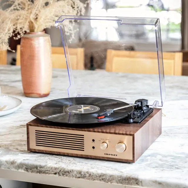 Alt view image 5 of 7 - CR6045A-WA Miles Record Player, Walnut | 3-Speed Turntable, Bluetooth In / Out, Built-in Full-Range Stereo Speakers, Aux Input