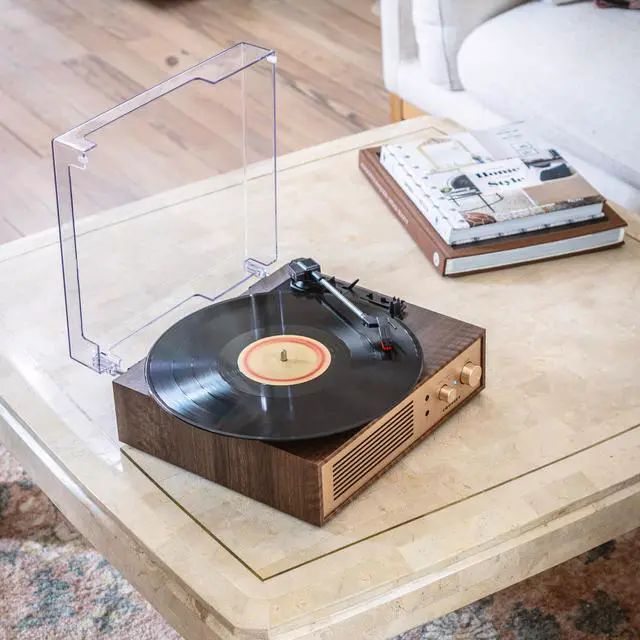Alt view image 6 of 7 - CR6045A-WA Miles Record Player, Walnut | 3-Speed Turntable, Bluetooth In / Out, Built-in Full-Range Stereo Speakers, Aux Input