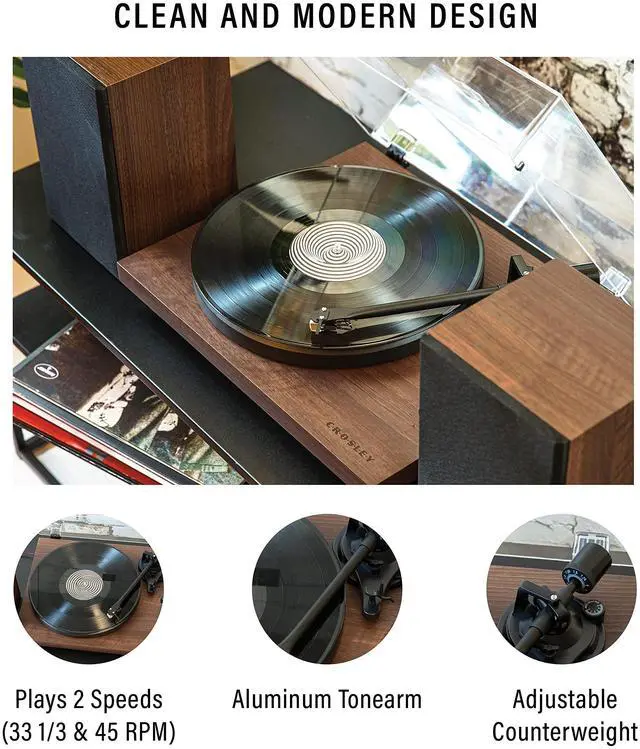 Alt view image 2 of 7 - C62C-WA Record Player with Speakers, Walnut | 2-Speed Turntable, ATN3600L Audio-Technica Cartridge, Standard 1/2" Mount, Bluetooth In, Matching External Speakers