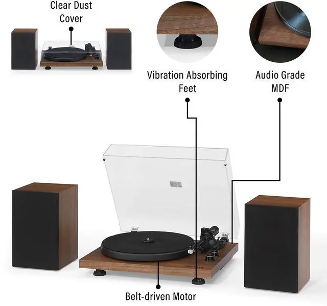 Alt view image 3 of 7 - C62C-WA Record Player with Speakers, Walnut | 2-Speed Turntable, ATN3600L Audio-Technica Cartridge, Standard 1/2" Mount, Bluetooth In, Matching External Speakers