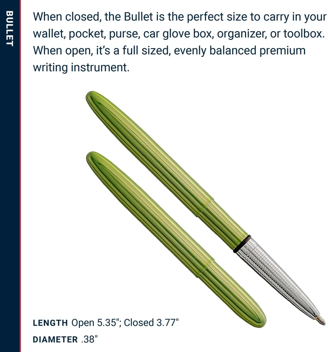 Alt view image 6 of 7 - Space Pen Aurora Borealis Lime Green Ballpoint Bullet Pen, Gift Box Compact Size, Writes Upside Down and in Extreme Temperatures, Smooth Black Ink, Medium Point, Made in the USA