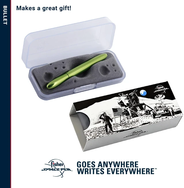 Alt view image 7 of 7 - Space Pen Aurora Borealis Lime Green Ballpoint Bullet Pen, Gift Box Compact Size, Writes Upside Down and in Extreme Temperatures, Smooth Black Ink, Medium Point, Made in the USA