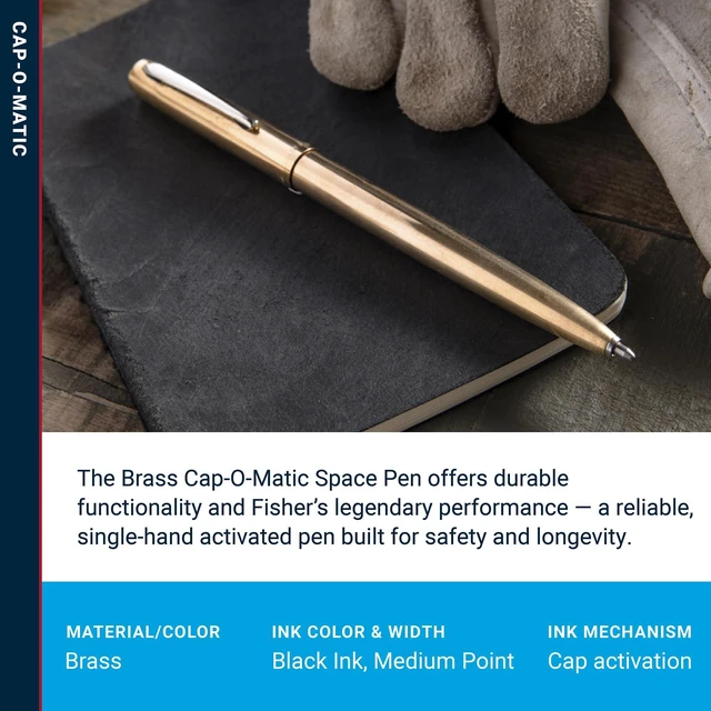 Alt view image 3 of 7 - Space Pen Brass Alloy Cap-O-Matic Pen, Black Ink, Gift Box Pressurized Ballpoint Pen, Writes Upside Down & in Extreme Temperatures, Medium Point, Pocket Clip, Made in the USA