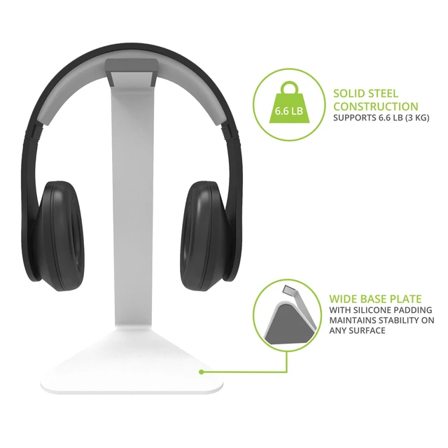 Alt view image 3 of 7 - H1 Universal Headphone Stand - White - Solid Steel Construction - Curved Silicone Resting Surface