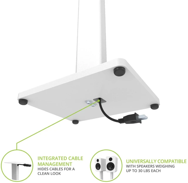 Alt view image 4 of 11 - Kanto ST34 34 Universal Speaker Floor Stands for Bookshelf Speakers up to 30 lbs | Improved Sound | Hidden Cable Management | White MDF Base | Pair