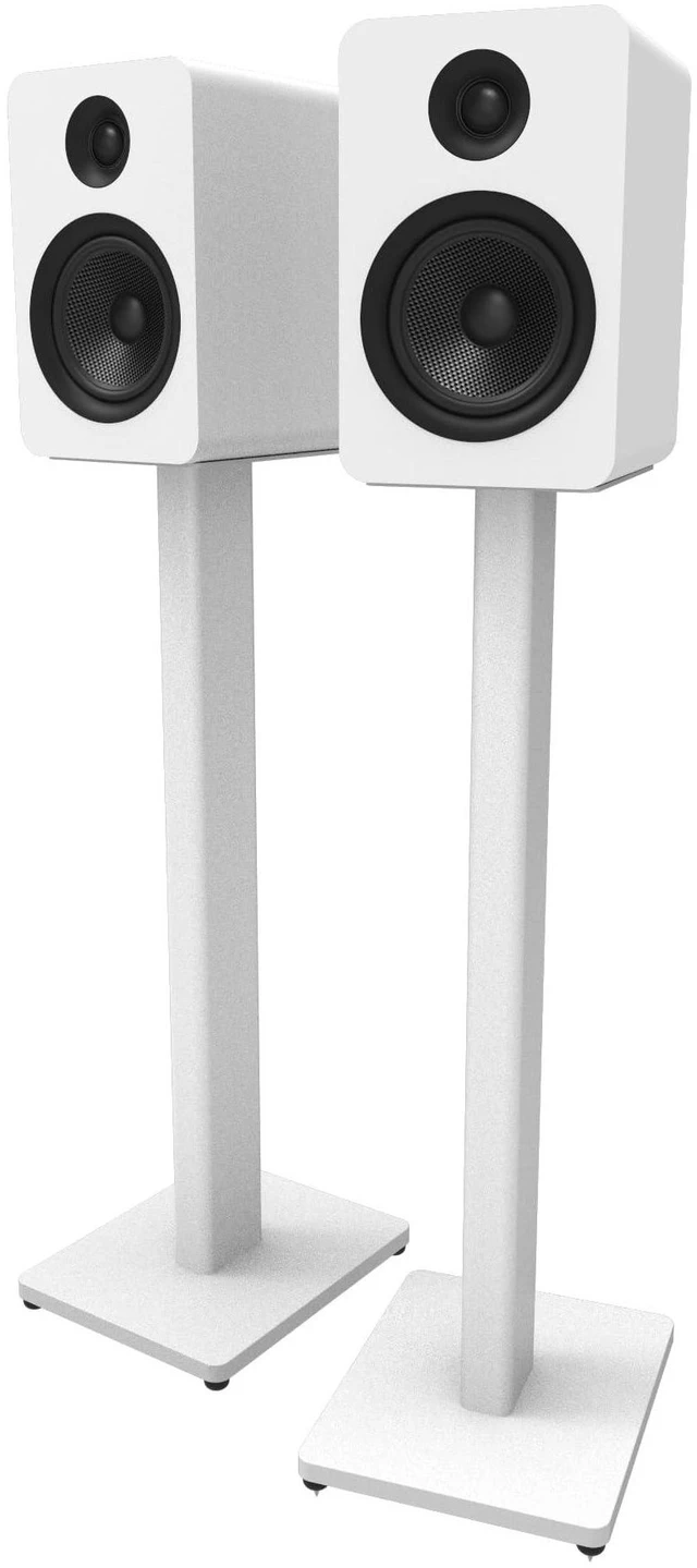 Alt view image 7 of 11 - Kanto ST28 28 Universal Speaker Floor Stands for Bookshelf Speakers up to 30 lbs | Improved Sound | Hidden Cable Management | White MDF Base | Pair