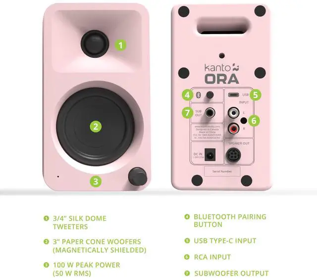 Alt view image 3 of 7 - Kanto ORAMP 100W Powered Reference Desktop Computer Speakers with Bluetooth 5.0 and USB-C Input | Bi-Amplified | 100 Hz Automatic Crossover | Reference Quality Sound | Pair | Pink