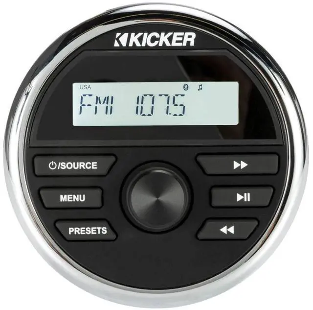 Alt view image 2 of 7 - 46KMC2 Weather-Resistant Gauge-Style Media Center with Bluetooth | Boat media center for open helms, wireless audio streaming, waterproof round dash mount, compact receiver for watercraft