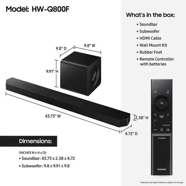 Alt view image 9 of 20 - Samsung HWQ800F 5.1.2 Channel Q-Series Dolby Atmos Soundbar with Subwoofer