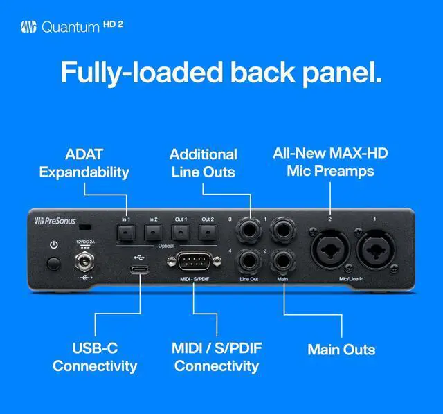 Alt view image 4 of 11 - PreSonus Quantum HD 2 20 x 24, 32-bit / 192 kHz USB-C Audio Interface With Studio One Pro And 12-Month Studio One+ Hybrid Membership Included