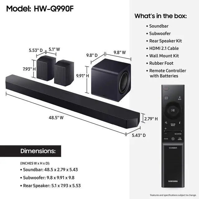 Alt view image 2 of 7 - Samsung HWQ990F 11.1.4 Channel Q-Series Soundbar with Subwoofer and Rear Speakers
