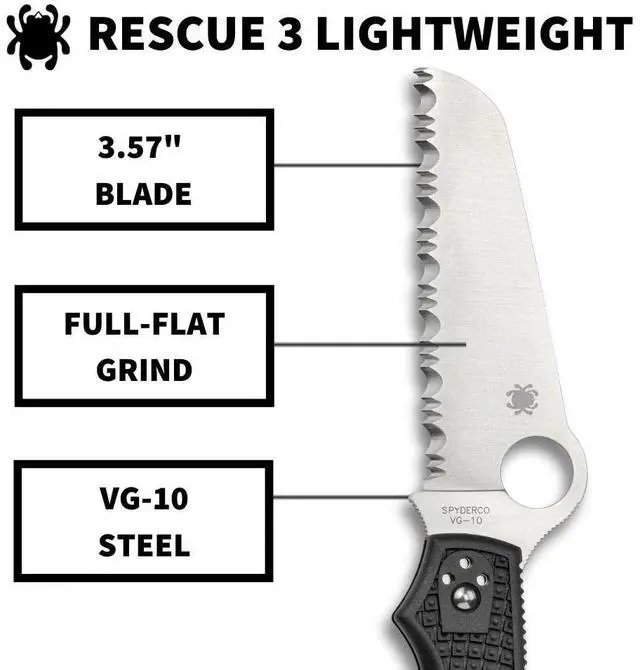 Alt view image 11 of 15 - Spyderco Rescue 3 Lightweight Knife (Black)