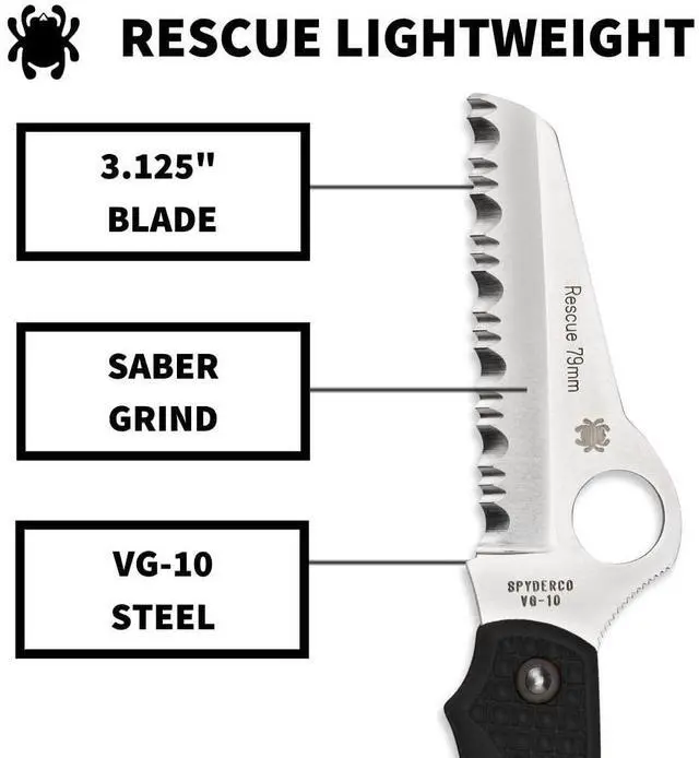 Alt view image 3 of 13 - Spyderco Rescue Lightweight Knife with 3.12" VG-10 Steel Blade and Black FRN Handle - SpyderEdge - C45SBK