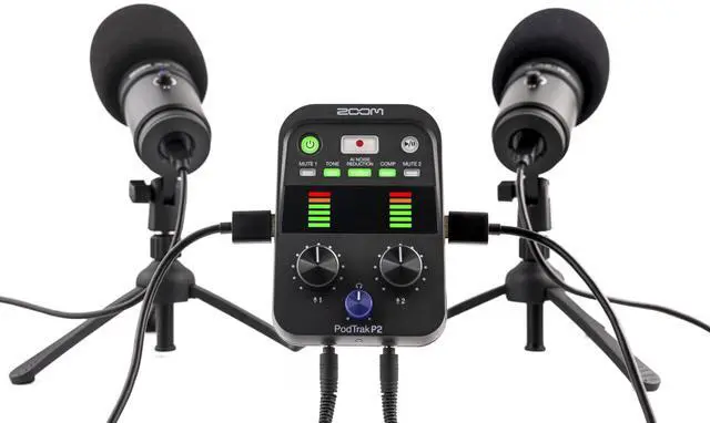 Alt view image 6 of 6 - PodTrak P2 Podcast Recorder with 2 USB Mic Inputs, 2 Headphone Outputs, AI Noise Reduction, Tone & COMP Effects, Remote Guest Recording, SD Cards up to 1TB, Battery Powered, & USB-C Powered