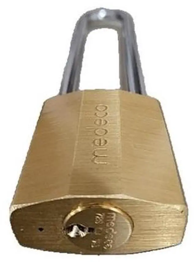 Alt view image 2 of 4 - MEDECO 55 series brass finish 5 INCH shackle padlock 1-3/4" wide body with High Security Original (00) Keyway