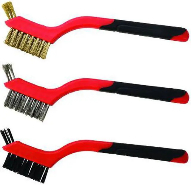 Main image of Tuff Stuff, 56807, 3 Piece, Mini Wire Brush Set, Nylon, Brass & Stainless Steel, Ergo Grip Handle