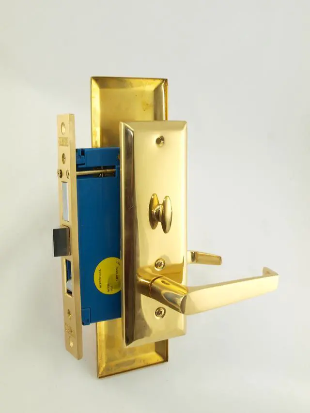 Alt view image 2 of 2 - Maxtech (Marks Metro 116A/3 Like) Polished Brass Finish, Left Hand, Heavy Duty Mortise Entry Screwless Lever Lockset Thru Bolted, 2-1/2" Lock Set