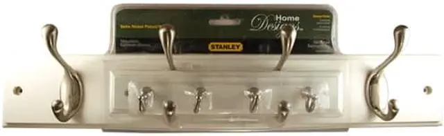 Alt view image 3 of 4 - Stanley S804-344 Decorative 18" Satin/white Hook Rail Coat Rack Utility Storage 4 Flared Top Hooks + 9" Combo