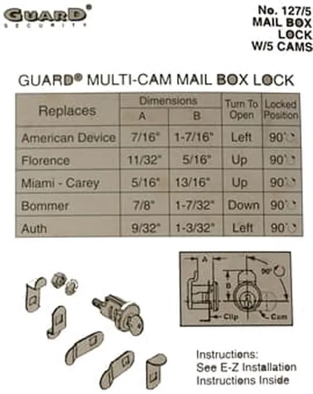 Alt view image 3 of 3 - Guard Security, 127/5, 5 Cam Mail Box Lock Mailbox Lock, Multi Cam, Replaces American Device, Florence, Miami - Carey, Bommer, Auth