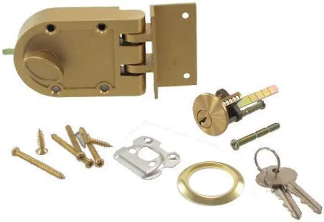 Alt view image 2 of 4 - Ultra Hardware, 44857, Brass, Jimmy Proof Single Cylinder Lock Deadlock With Angle Strike Keeper, Boxed