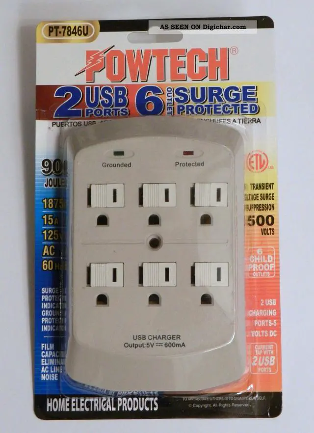Main image of Powtech, PT-7846U, White, 6 Outlet, 900 Joules Surge Protector Tap, With 2 Port USB Charger