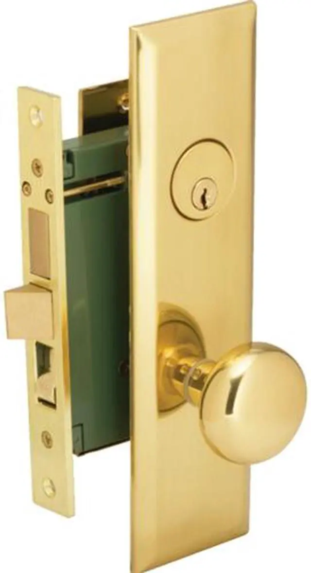 Alt view image 2 of 2 - Em-D-Kay (Marks 114A/3 Like) 5114AL Polished Brass Left Hand Heavy Duty Mortise Entry Lockset, Screwless Knobs Thru Bolted Lock Set