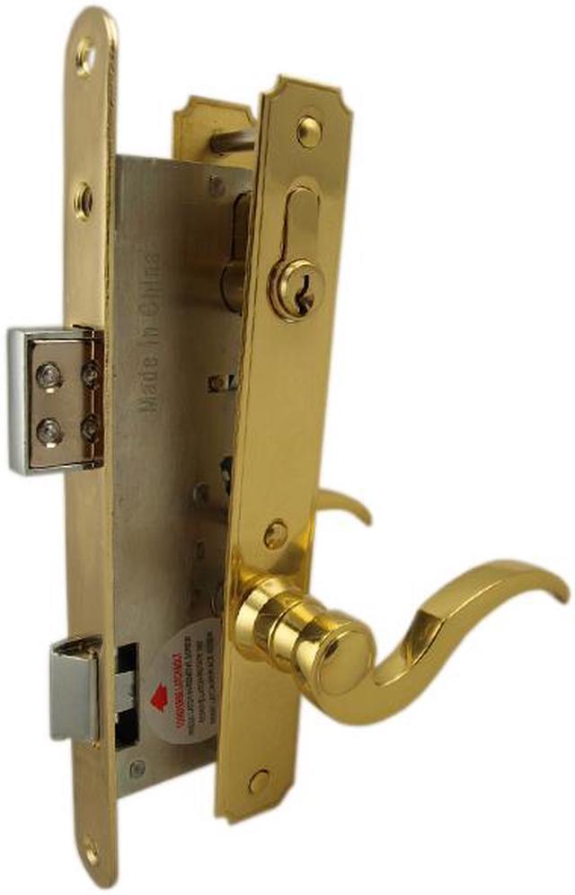 Main image of Ultra Hardware, 44625, Brass, Right Hand, Single Cylinder Mortise Entry Lever Handle Plate Trim Set, Narrow Style Storm Door Lockset with 1-3/4" Backset Lock Set