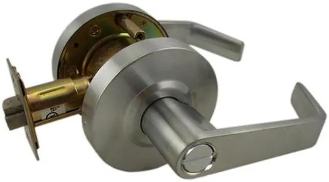 Main image of Ultra Hardware, 44254, Satin Chrome US26D, Privacy Bed & Bath Button On The Inside Grade 2 Commercial ADA Cylindrical Angled Lever Lockset Lock Set