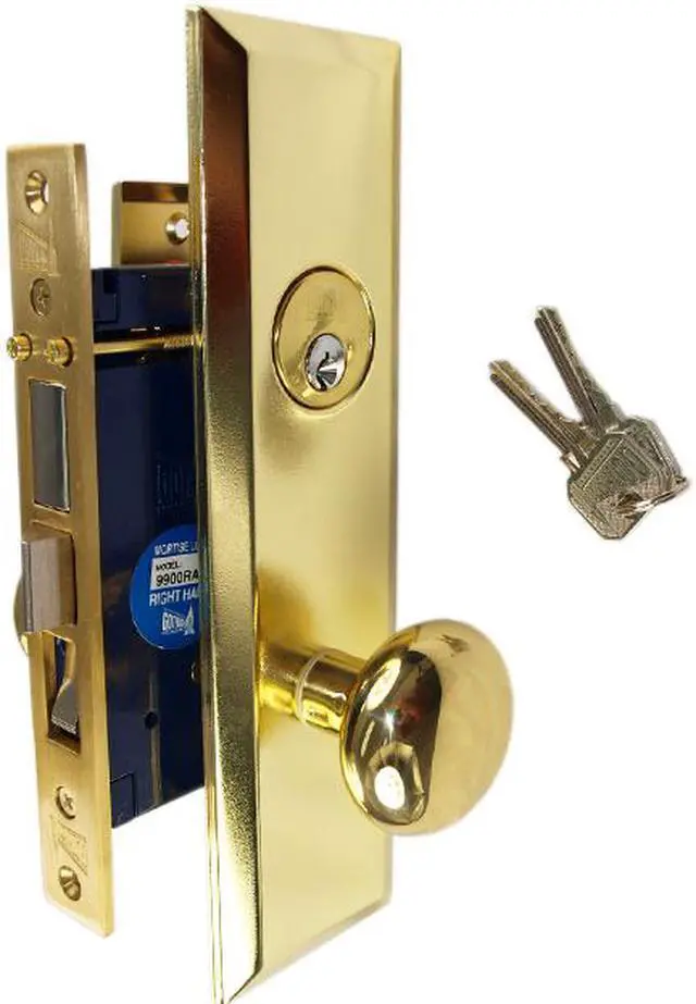 Main image of Gotham (Marks 114A/3 Like) 9900LAK Polished Brass Left Hand Heavy Duty Mortise Entry Lockset, Screwless Knobs Thru Bolted Lock Set