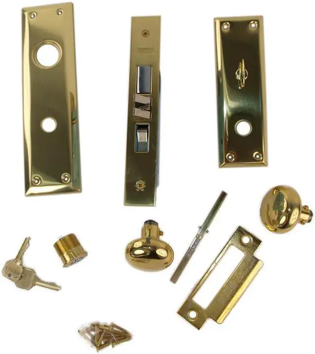 Alt view image 6 of 6 - Marks Metro 71A/3, Polished Brass US3 Right Hand Mortise Entry Lockset Surface Mounted - Screw On Knobs with Swivel Spindle, 2-3/4" Backset, 1-1/4" x 8" Wide Faceplate, Lock Set
